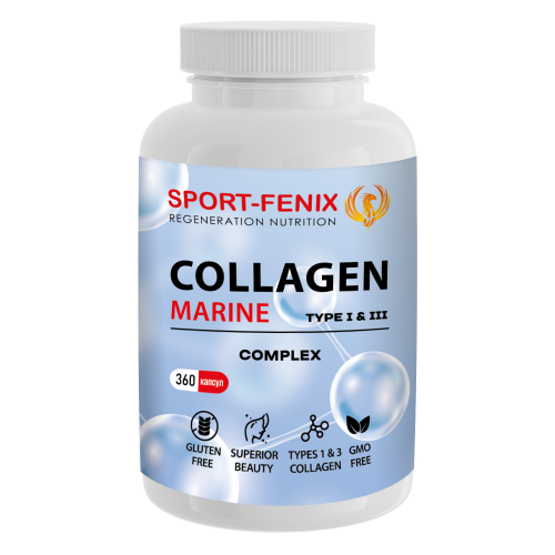 Колаген Collagen Marine Type I&III з комплексом вітамінів, ТМ SPORT-FENIX, 360 капсул Колаген Collagen Marine Type I&III з комплексом вітамінів, ТМ SPORT-FENIX, 360 капсул