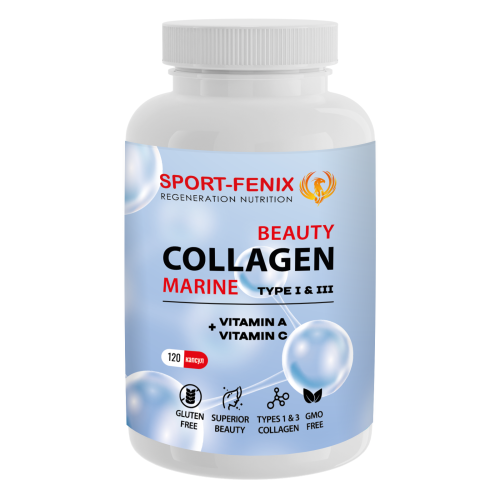 Колаген Beauty з Вітаміном А Collagen Marine Type 1&3 TM SPORT-FENIX,120 капсул Колаген Beauty з Вітаміном А Collagen Marine Type 1&3 TM SPORT-FENIX,120 капсул